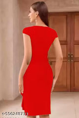 Red Bodycon Dress for Women & Girls – Sweetheart Neck, Knee-Length, Slim Fit Evening Party Dress with Short Sleeves & Stylish Front Frill