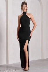 Black Halter Neck Bodycon Maxi Dress with High Slit | Elegant Evening & Party Dress