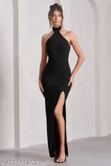 Black Halter Neck Bodycon Maxi Dress with High Slit | Elegant Evening & Party Dress