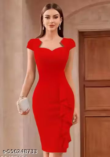 Red Bodycon Dress for Women & Girls – Sweetheart Neck, Knee-Length, Slim Fit Evening Party Dress with Short Sleeves & Stylish Front Frill