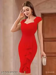 Red Bodycon Dress for Women & Girls – Sweetheart Neck, Knee-Length, Slim Fit Evening Party Dress with Short Sleeves & Stylish Front Frill