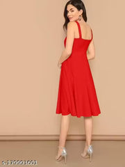 Elegant Scarlet A-Line Midi Dress with Broad Straps – Perfect for Chic Evenings & Daytime Glamour