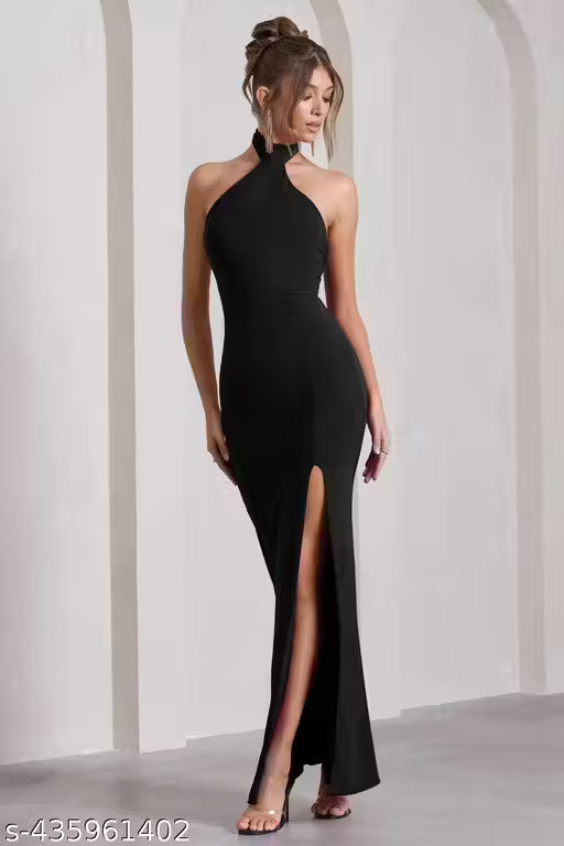 Black Halter Neck Bodycon Maxi Dress with High Slit | Elegant Evening & Party Dress