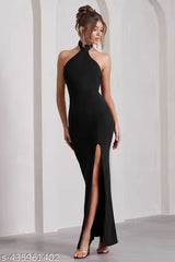Black Halter Neck Bodycon Maxi Dress with High Slit | Elegant Evening & Party Dress