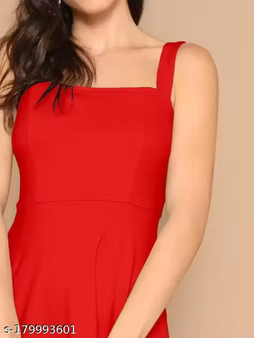Elegant Scarlet A-Line Midi Dress with Broad Straps – Perfect for Chic Evenings & Daytime Glamour
