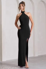 Black Halter Neck Bodycon Maxi Dress with High Slit | Elegant Evening & Party Dress
