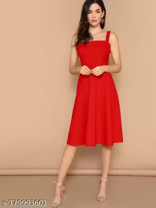 Elegant Scarlet A-Line Midi Dress with Broad Straps – Perfect for Chic Evenings & Daytime Glamour