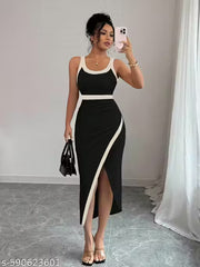 women's Party wear Knee Length Strachable Polyster Fabric One Piece Sleeve Less Dress Midi Dress(Bodycon Dress)
