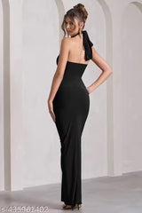 Black Halter Neck Bodycon Maxi Dress with High Slit | Elegant Evening & Party Dress